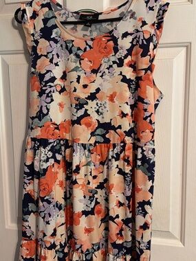 AGB Navy Floral Sleeveless Dress with Peach & Cream Blooms